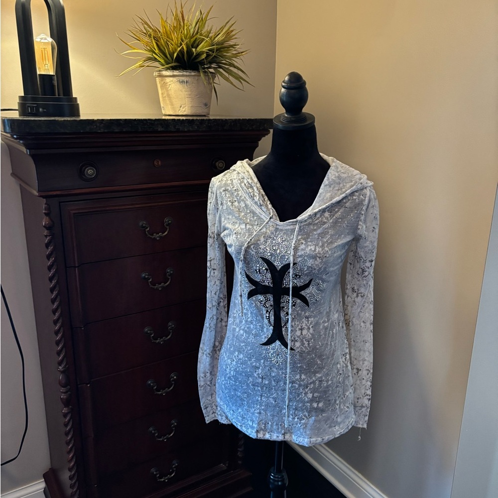 V Cristina White Lace Button Down Shirt with Black Design